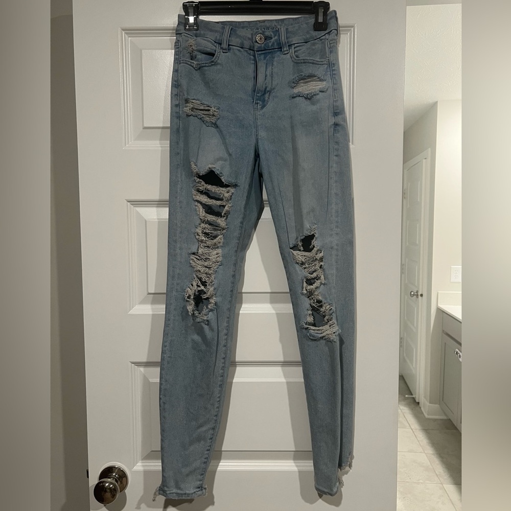 American Eagle Curvy Hi Rise Jegging Distressed Light Blue Jeans Size 4 Long
